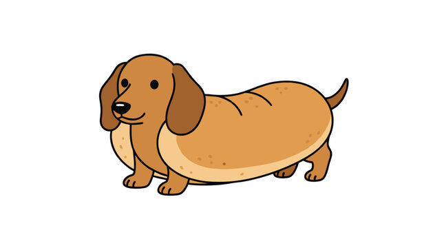 Cute cartoon dachshund dog designed to look like a bread roll as a playful hot dog food pun character standing on a plain white background.