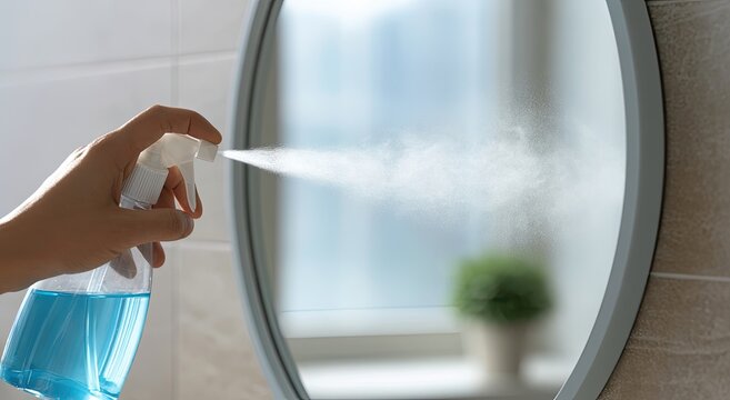 Hand spraying cleaning liquid onto a round bathroom mirror