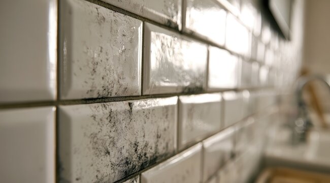 Close-up of dirty white subway tiles with dark grime in grout