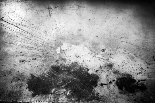 Grungy, scratched metal surface with dark, splotchy stains and a vignetted effect