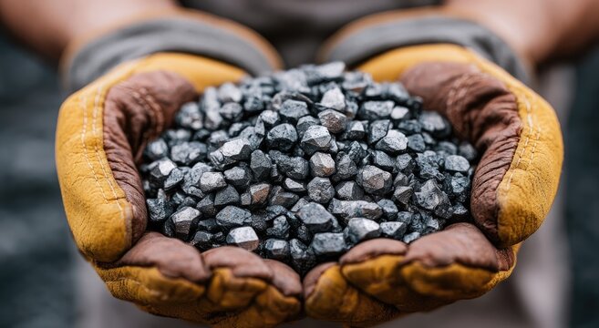 Hands cupping a pile of rough, metallic ore in a close-up shot