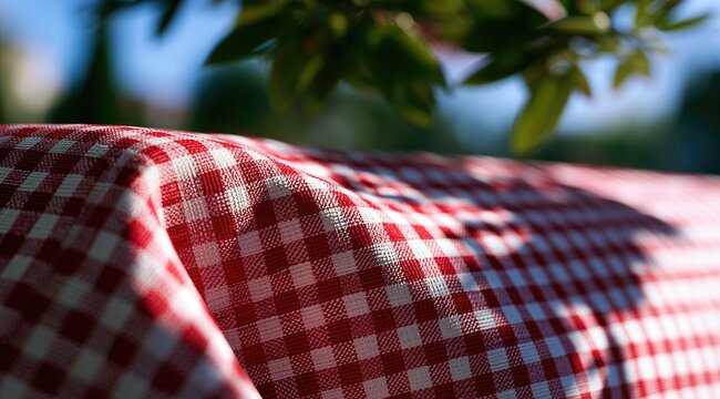 Red and white checkered cloth draped over an outdoor table, sun dappled
