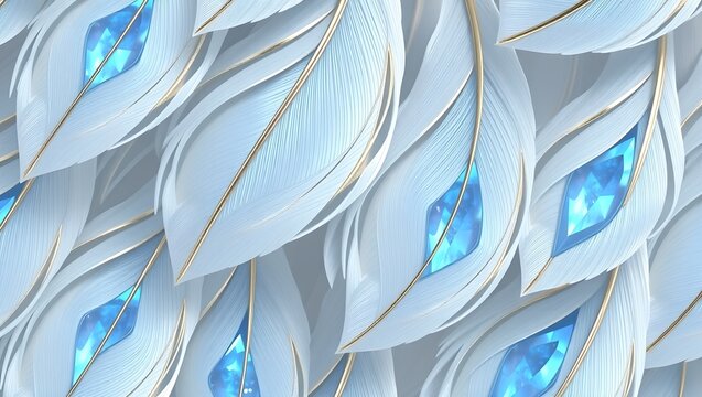 Surreal Stylized Feather Pattern with Iridescent Moonstone and White Gold Inlay