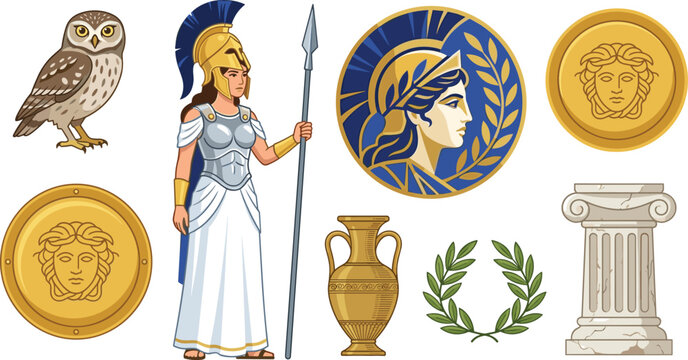 Greek Goddess Athena Vector Element Set with Owl Shield Medusa Profile Icon Spear Laurel Wreath Ancient Amphora Vase and Ionic Column for Mythology Design