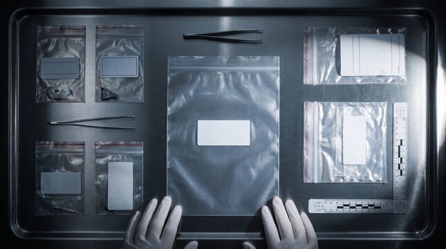 Forensic evidence bags with blank labels on steel table