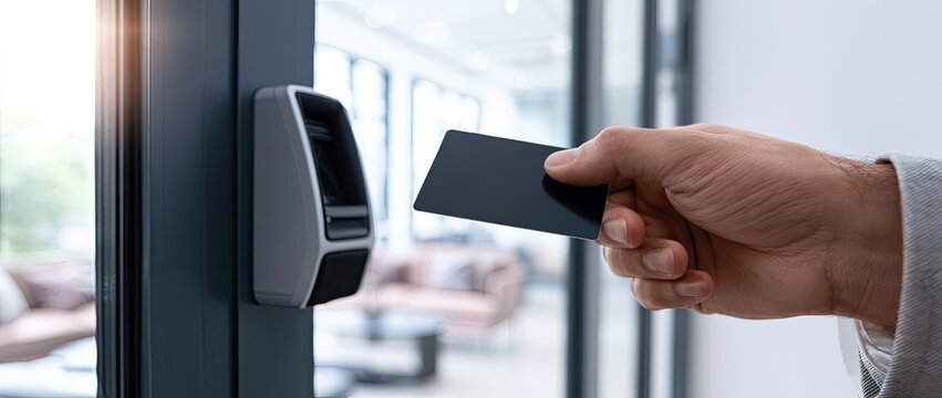Hand holds access card near door reader for entry