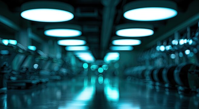 Dimly lit modern gym aisle with rows of equipment and bright ceiling lights