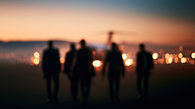 Silhouetted group walks towards helicopter at sunset, bokeh lights illuminate dusk