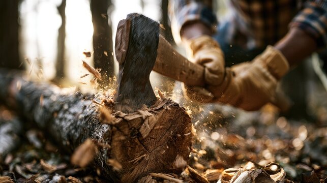 Man splitting firewood with axe in sunlit forest