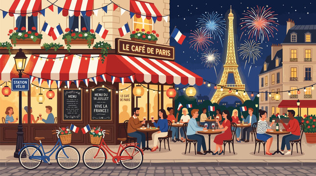 Festive parisian cafe terrace celebrating national holiday with fireworks displaying vibrant nighttime atmosphere and iconic architecture in background