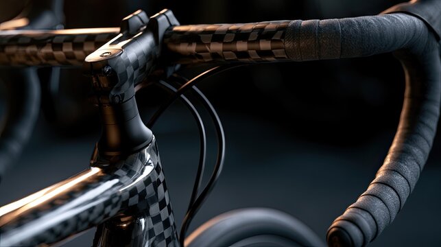 Close-up on carbon fiber bike handlebars and stem with textured grips