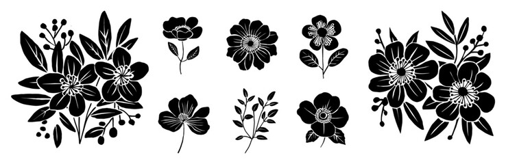 Black floral silhouettes grace a clean white background. Bold petals and leaves form elegant, stylized arrangements. Each bloom and branch stands out with defined, graphic edges © Creative_Juice_Art