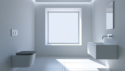 Fototapeta premium Minimalist modern bathroom with wall-hung toilet, floating vanity, and large window