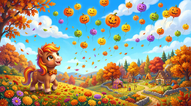 Whimsical autumn illustration of an adorable fluffy little pony with a vibrant orange, yellow, and purple mane standing in a colorful flower meadow, looking up at dozens of colorful jack-o-lantern pum