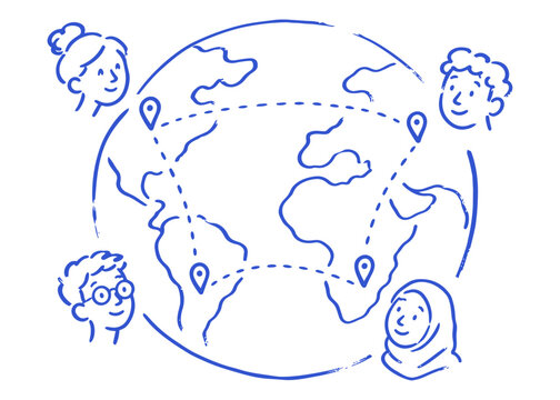 Hand drawn rough sketch of connecting people around the world, loose ink drawn global network of figures linked across continents in unity pose. Communication, globalization and community concept