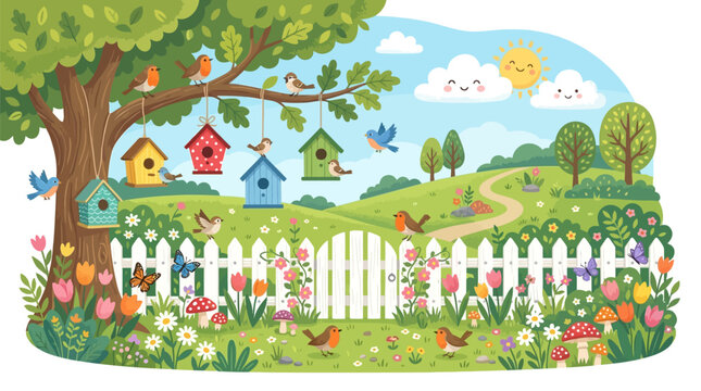 Whimsical spring garden landscape featuring colorful birdhouses and chirping birds in a sunny meadow with blossoming flowers and a white picket fence