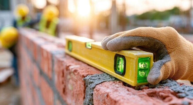 Hand with level checks brick wall construction at sunset