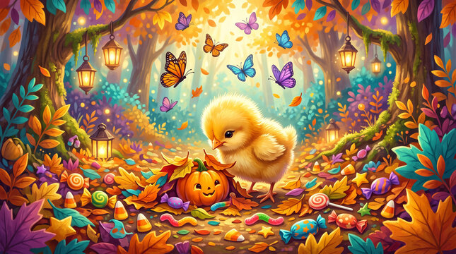 Whimsical autumn illustration of an adorable fluffy yellow chick looking down at a small jack-o-lantern pumpkin nestled in a pile of fall leaves, candy corn, and colorful sweets, set in a magical fore