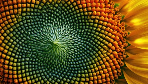 Macro close-up of a vibrant sunflower's seed head with intricate spiraling patterns