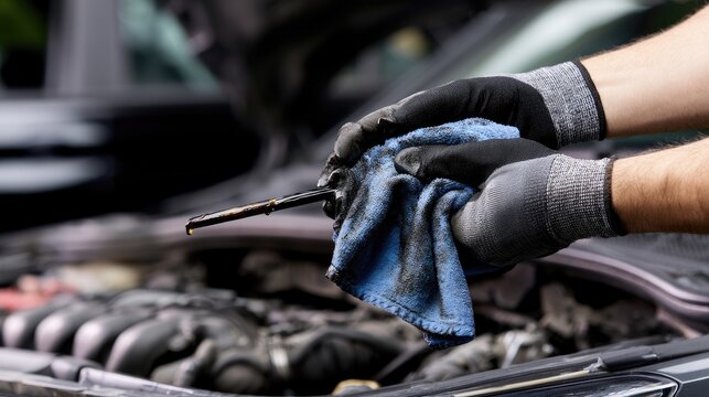 Gloved hands wipe engine dipstick, checking oil level in car