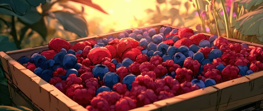 A wooden crate brimming with ripe red raspberries and plump blue blueberries