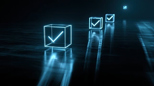 Glowing blue boxes with checkmarks recede into dark, reflective background