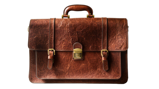 Vintage brown leather briefcase with brass buckles and clasp, isolated on transparent background