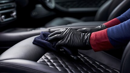 Fototapeta premium Hands in black gloves clean quilted car seat with dark cloth