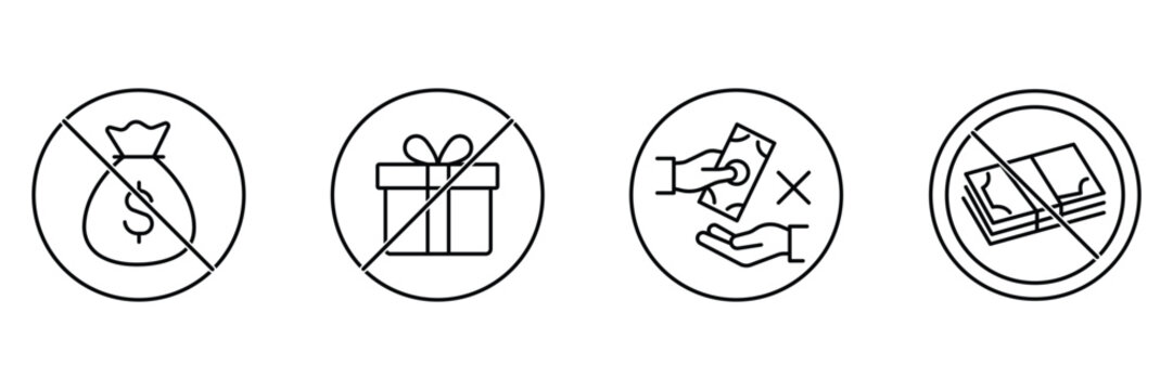 Anti corruption line icon set representing stop bribery honest business integrity and transparent financial transaction vector illustration.