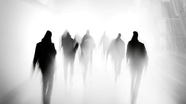 Silhouetted figures emerge from ethereal mist, creating a sense of mystery