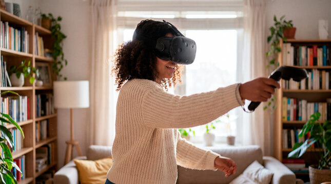 Young woman playing an immersive virtual reality game with a headset and controller at home