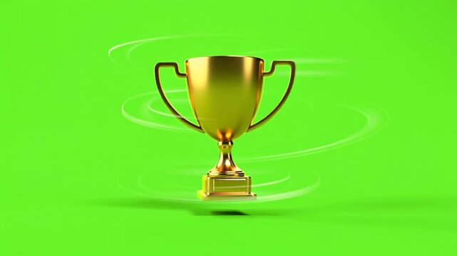 Golden Trophy Rotating on Green Screen Background.