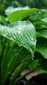 Raindrops falling on lush green hosta leaves in a garden
