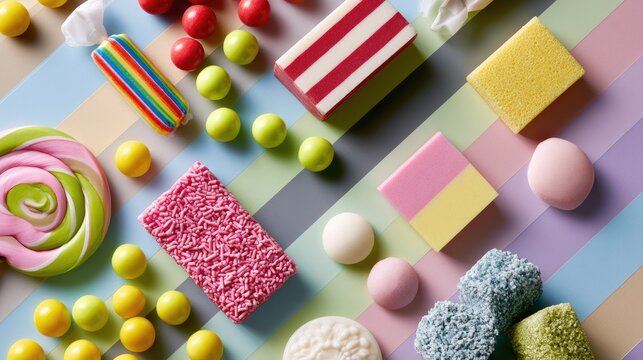 Assortment of colorful candies, sweets, and confectionery items