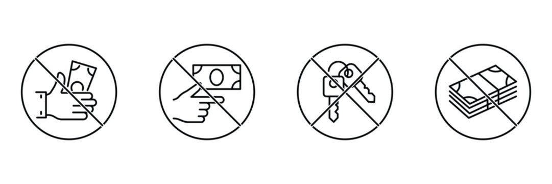 Anti corruption icon set representing stop bribery honest asset transactions and forbidden real estate payoffs vector illustration.
