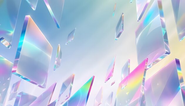 Floating square holographic glass panels abstract background. Futuristic tech web presentation card backdrop layout. Translucent crystal tiles scattering vibrant neon gradient light reflections