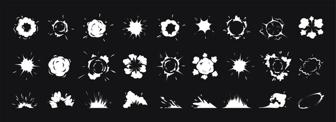 Comic explosive effect. Radial explosion icon. Cartoon explode cloudburst, bomb explosion, fire fume, speed smoke ring, blast, gas puffs in air, bang power. Vector set © Foxy Fox
