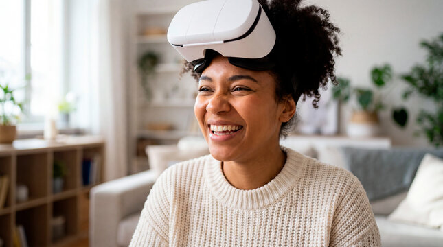 Smiling young woman lifting a virtual reality headset after an immersive experience at home