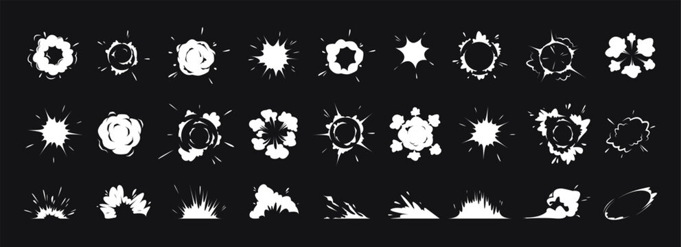 Comic explosive effect. Radial explosion icon. Cartoon explode cloudburst, bomb explosion, fire fume, speed smoke ring, blast, gas puffs in air, bang power. Vector set