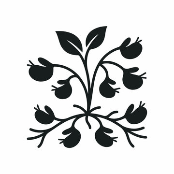 Stylized Black Silhouette of Berry Bush Plant with Leaves and Berries