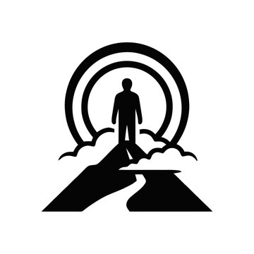 Silhouette of a person standing on a mountain peak, reaching for the sky with concentric circles.