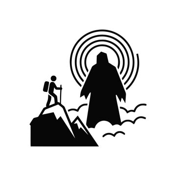 Hiker confronts giant silhouette figure on mountain peak, spiritual journey, achievement concept