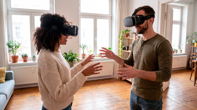 Young couple sharing an immersive virtual reality experience wearing headsets at home