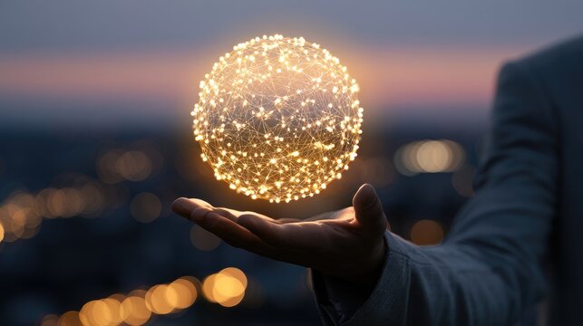 Glowing orb of light and connections levitating above an open hand
