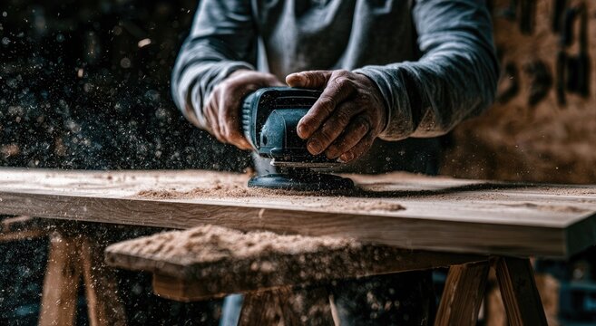 Hands smoothing wood with a power sander, sawdust flying