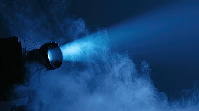 A cinema projector beam illuminates smoke, creating a dramatic blue glow