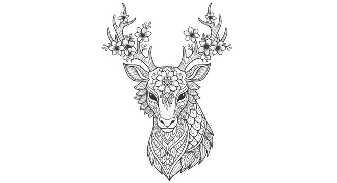 Detailed line art illustration of a mythical kirin head featuring ornate antlers adorned with flowers and intricate mandala patterns on a plain white background for coloring.