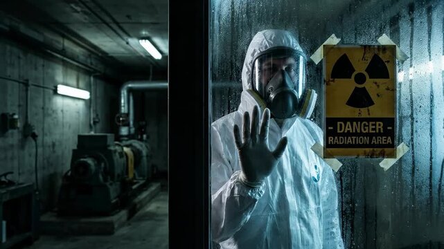 Person, wearing a protective hazmat suit and respirator mask, stands behind a wet glass door, with a danger radiation area warning sign, indicating a hazardous contaminated zone