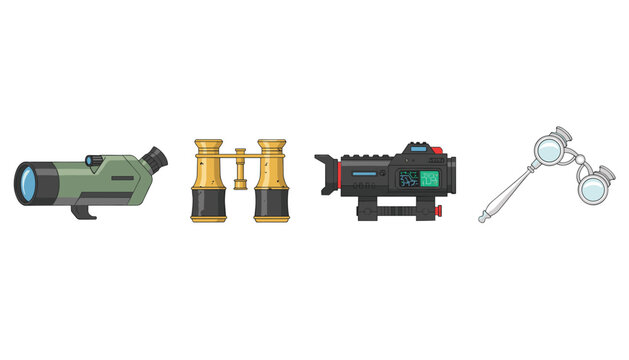 Set of four diverse optical devices including a spotting scope, classic brass binoculars, a tactical night-vision scope, and opera glasses.