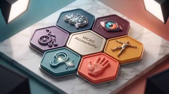 Digital accessibility concept with colorful hexagonal icons representing inclusive design standards for diverse user needs on a marble surface background